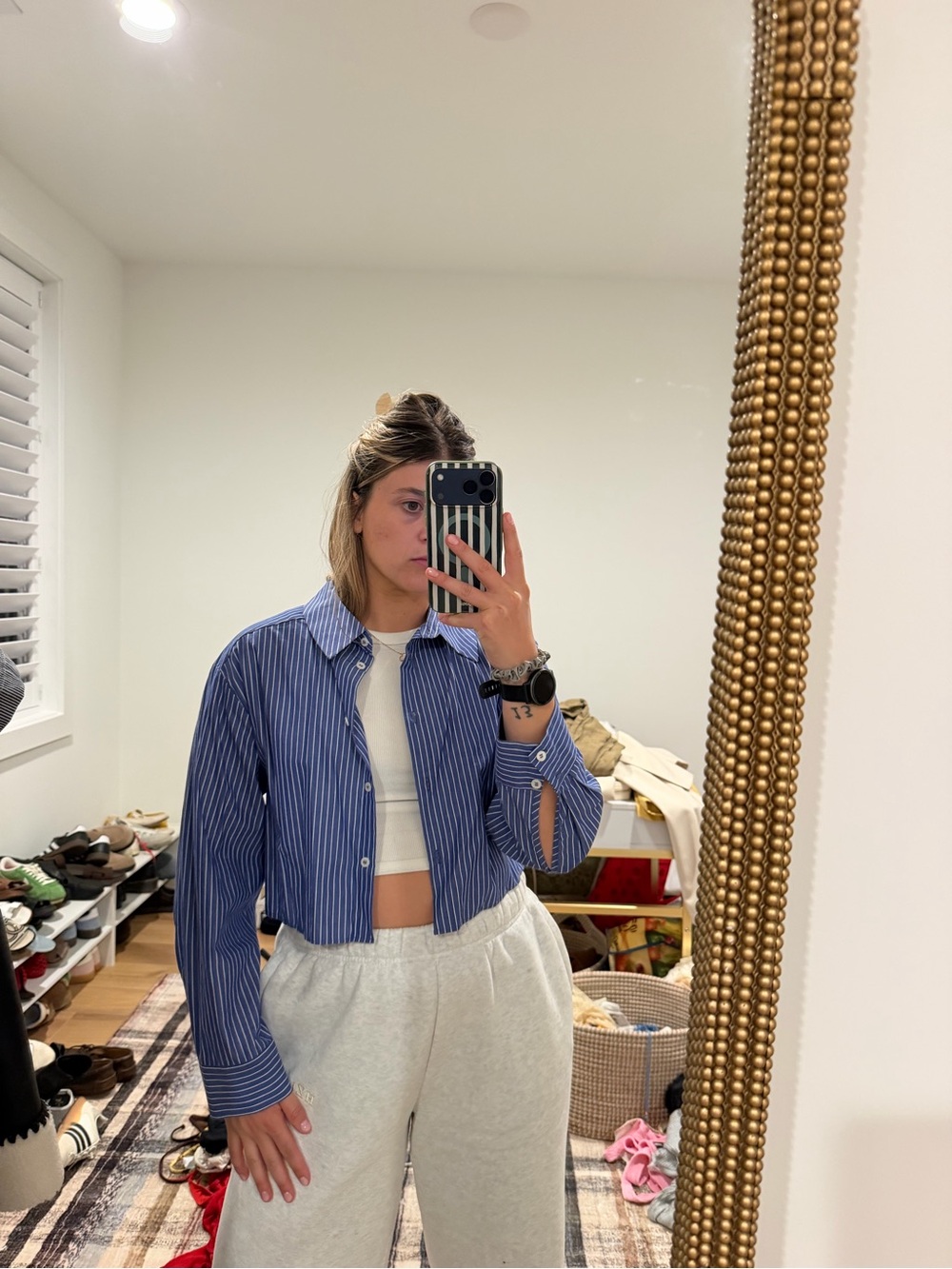 Zara Blue Pinstripe Cropped Shirt Jacket